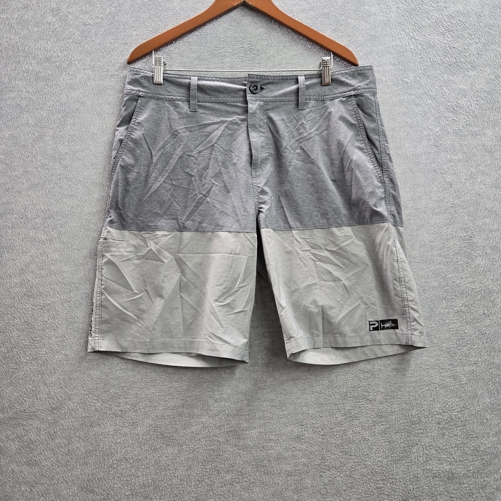 Pelagic Men Activewear Shorts 36 Gray Embroidered Colorblock Fish Logo 9" Inseam